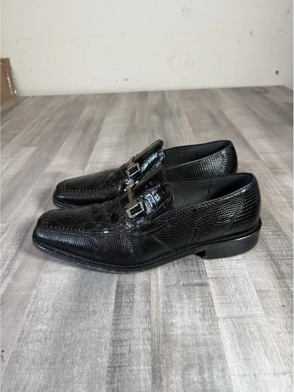David Eden Crocodile Leather Dress Shoe Black Square Toe Metal Horsebit Men’s 10